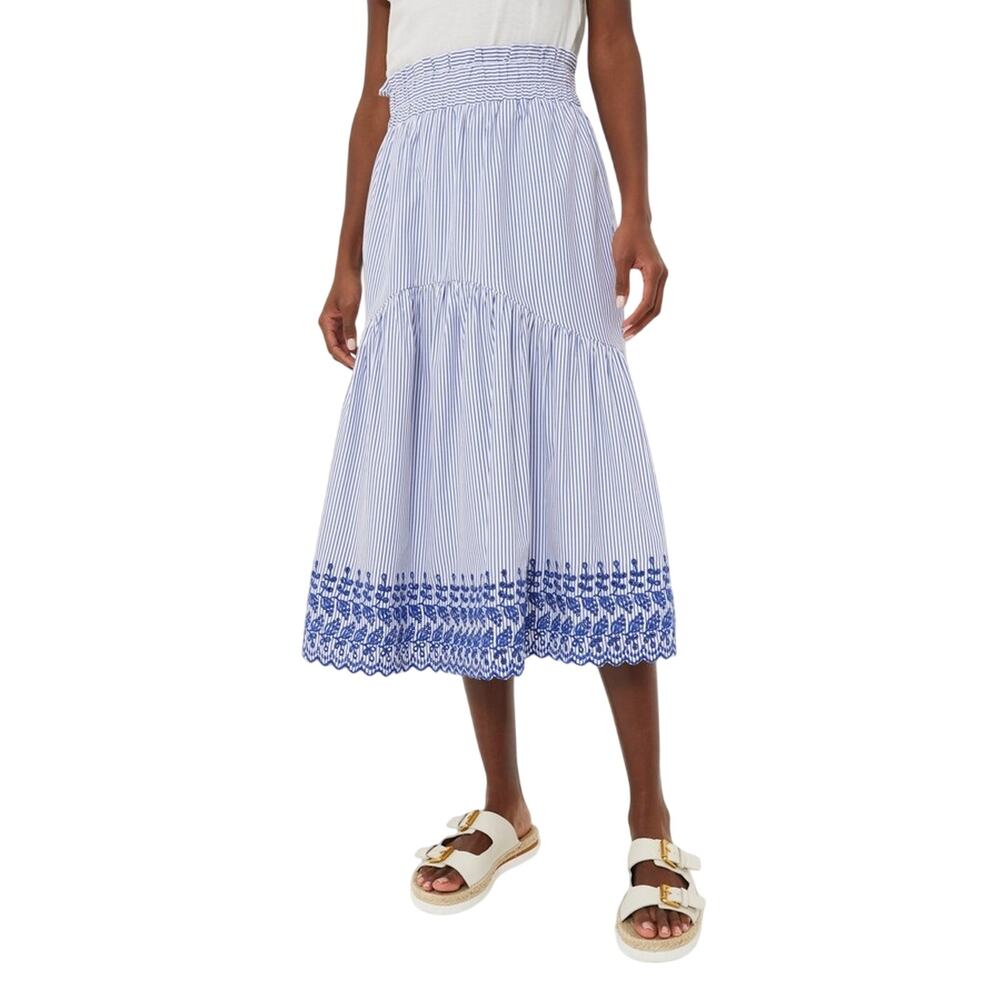 Tuckernuck Blue and White Striped Midi Skirt with Blue Embroidered Hem